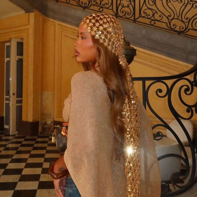 Ethnic Fashion Design - Boho Sequin Mesh Hoofddoek Goud Zwart